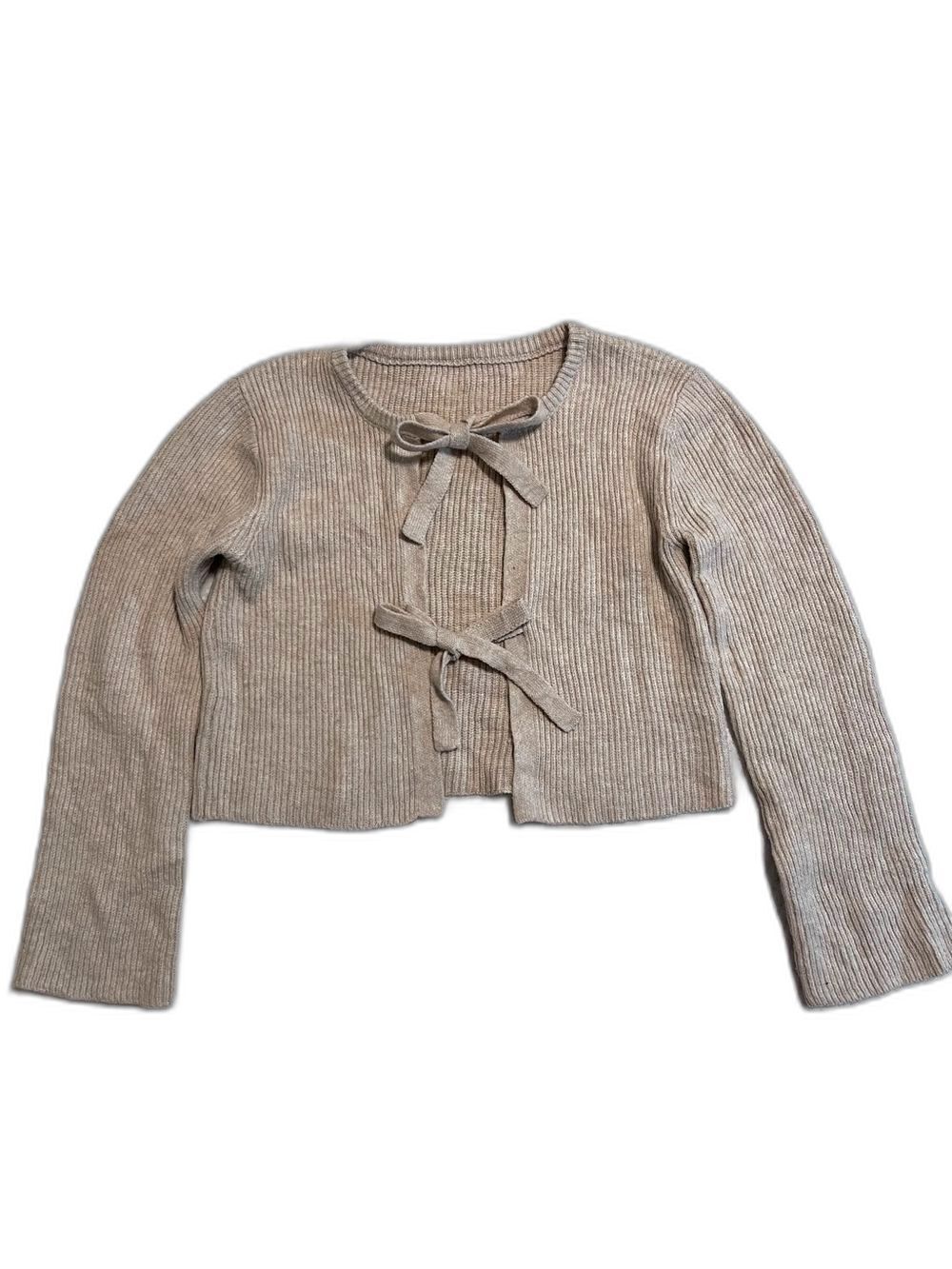 F- Shein Women's Front Ribbon Tie Ribbed Cropped Knit Cardigan Beige Size S (4)